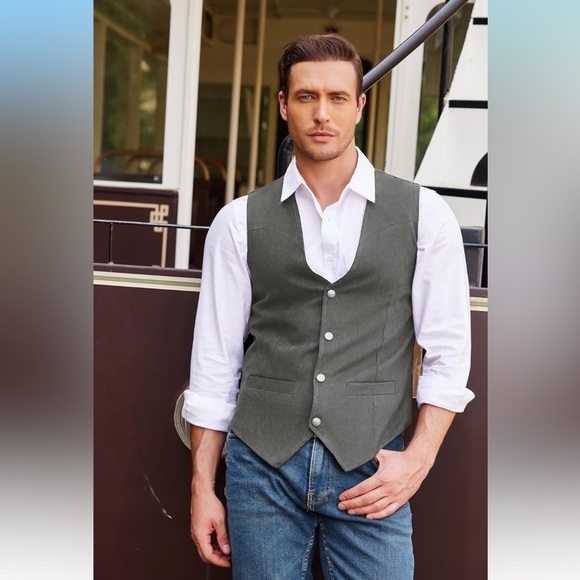 Men’s Suede Gray Suit Sleeveless Vest Casual Western Vest Jacket Slim Fit Size M - Picture 1 of 16